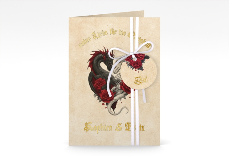 Einladungskarte Hochzeit Drachenliebe A6 Klappkarte hoch beige gold mit schwarzem und weißem Drachen zu einem Herz verschlungen