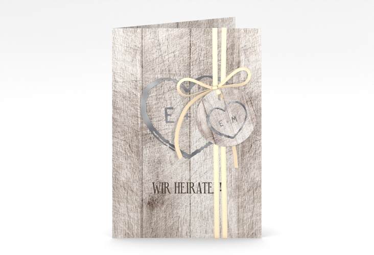 Einladungskarte Hochzeit Wood A6 Klappkarte hoch weiss silber