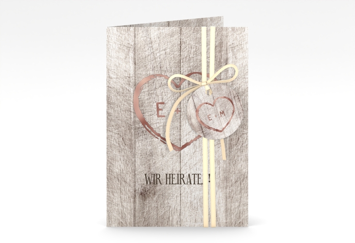 Einladungskarte Hochzeit Wood A6 Klappkarte hoch weiss rosegold