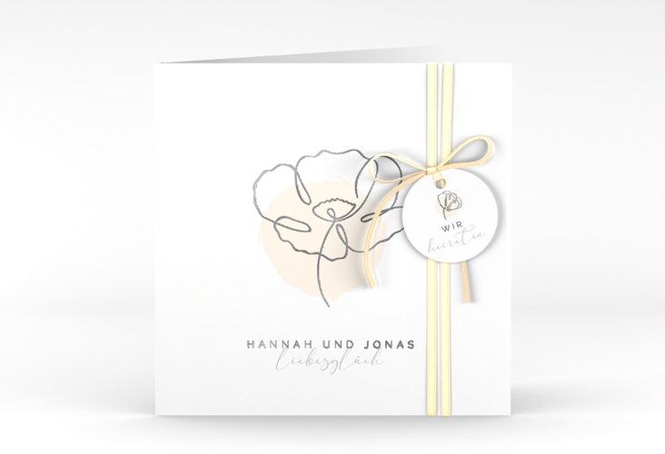 Hochzeitseinladung Flowerline quadr. Klappkarte apricot silber
