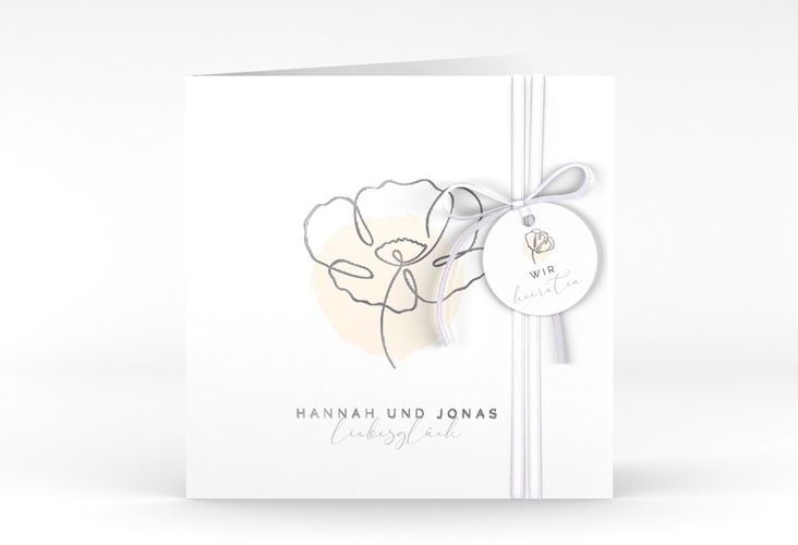 Hochzeitseinladung Flowerline quadr. Klappkarte apricot silber