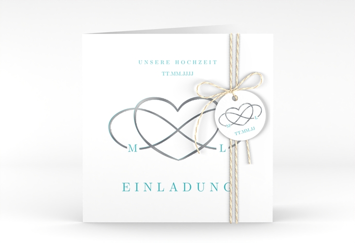 Hochzeitseinladung Infinity quadr. Klappkarte tuerkis silber