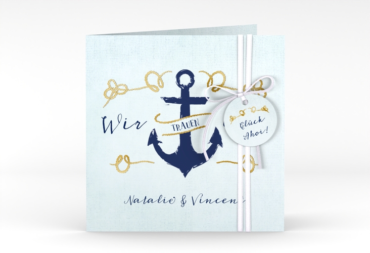 Hochzeitseinladung Anker quadr. Klappkarte tuerkis gold
