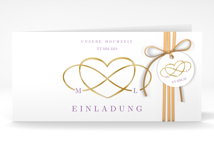 Hochzeitseinladung Infinity lange Klappkarte quer lila gold