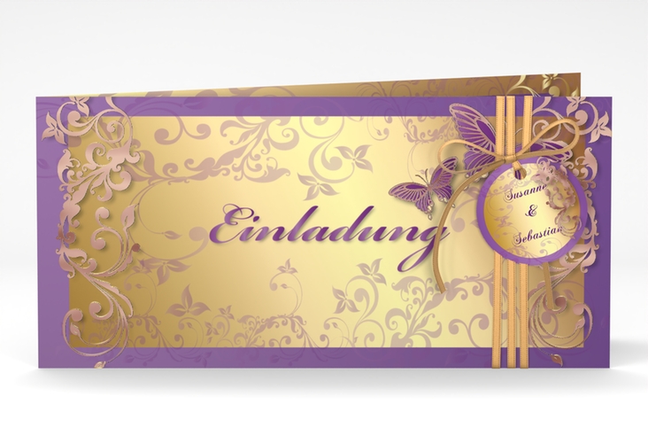 Hochzeitseinladung Toulouse lange Klappkarte quer lila rosegold