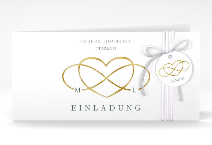 Hochzeitseinladung Infinity lange Klappkarte quer gruen gold