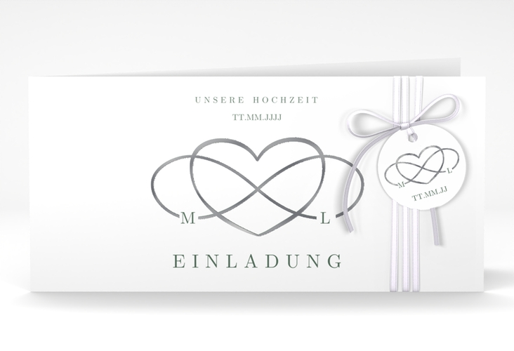 Hochzeitseinladung Infinity lange Klappkarte quer gruen silber