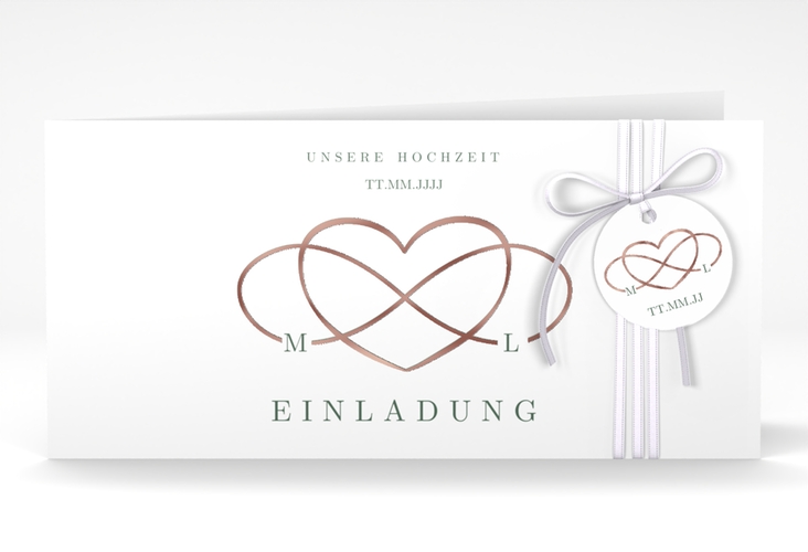 Hochzeitseinladung Infinity lange Klappkarte quer gruen rosegold