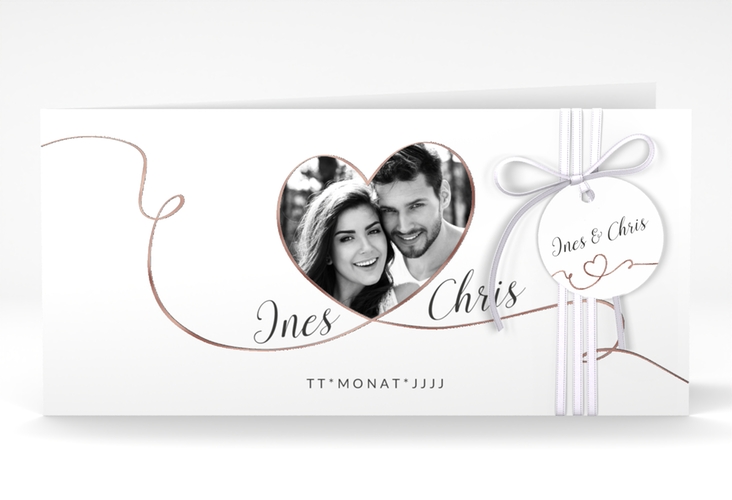 Hochzeitseinladung Dolce lange Klappkarte quer weiss rosegold