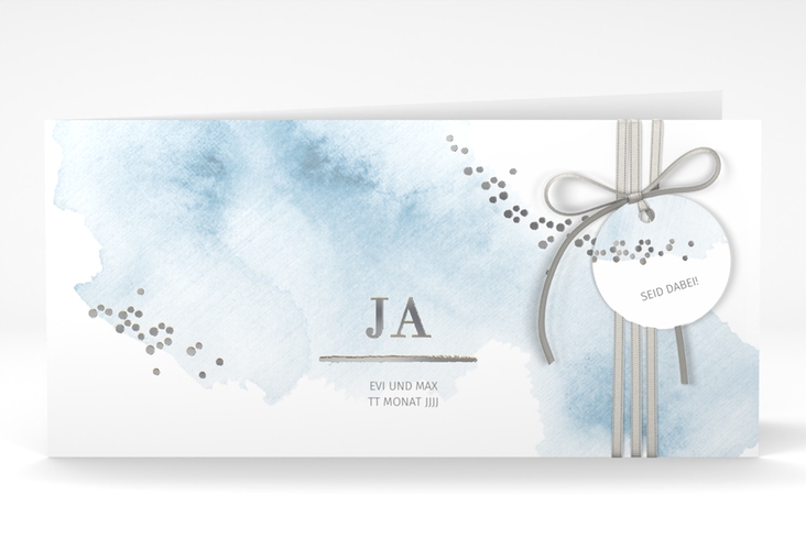 Hochzeitseinladung Pastell lange Klappkarte quer blau silber