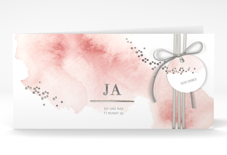 Hochzeitseinladung Pastell lange Klappkarte quer rosa silber
