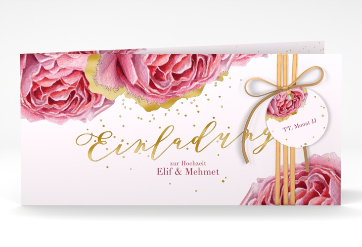 Hochzeitseinladung Cherie lange Klappkarte quer rosa gold