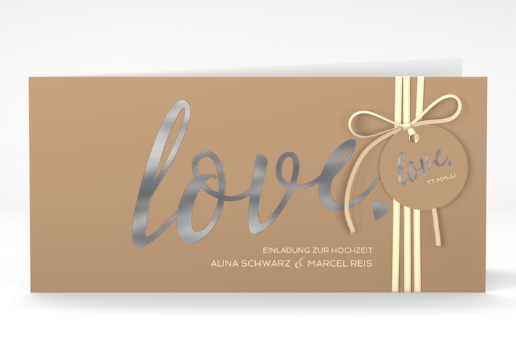 Hochzeitseinladung Glam lange Klappkarte quer beige silber
