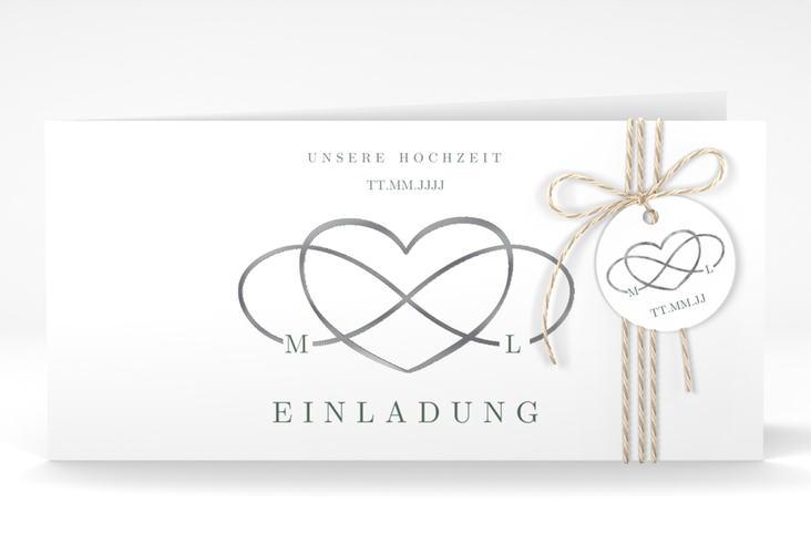 Hochzeitseinladung Infinity lange Klappkarte quer gruen silber