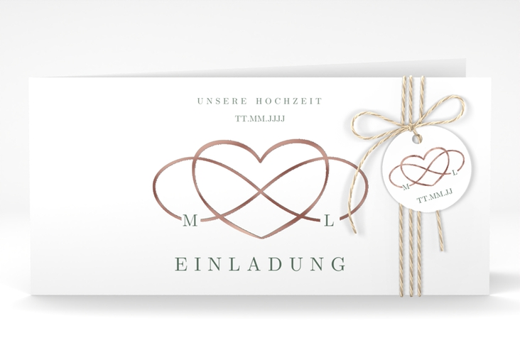 Hochzeitseinladung Infinity lange Klappkarte quer gruen rosegold