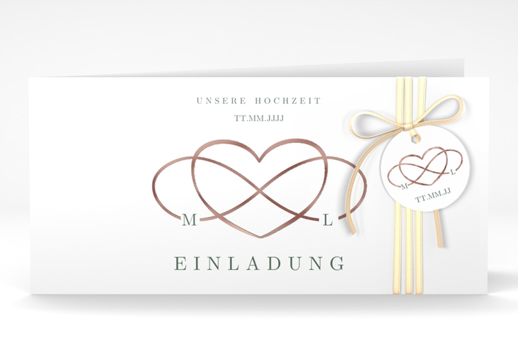 Hochzeitseinladung Infinity lange Klappkarte quer gruen rosegold