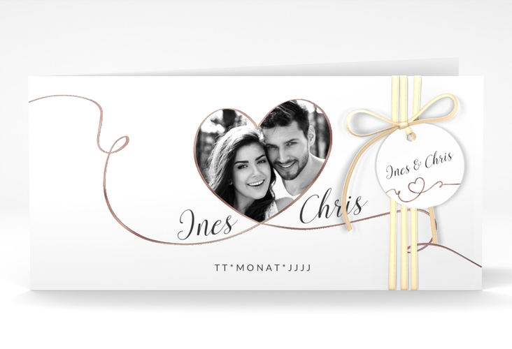 Hochzeitseinladung Dolce lange Klappkarte quer weiss rosegold