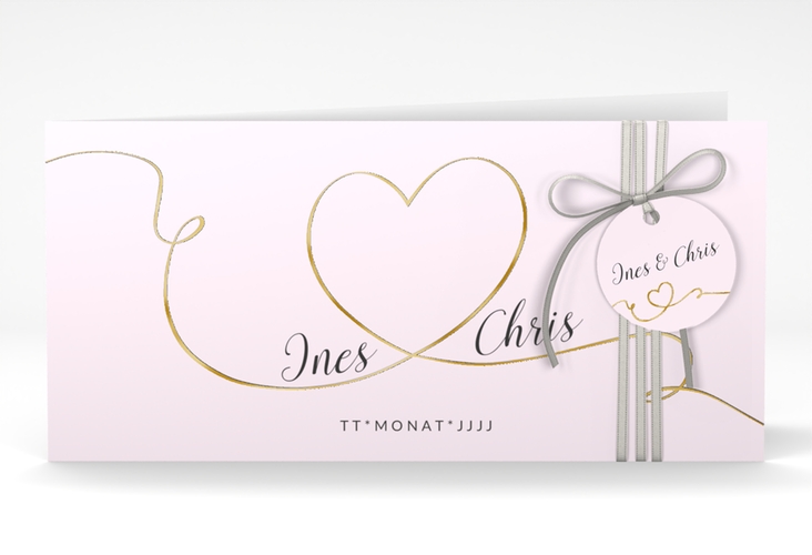 Hochzeitseinladung Dolce lange Klappkarte quer rosa gold