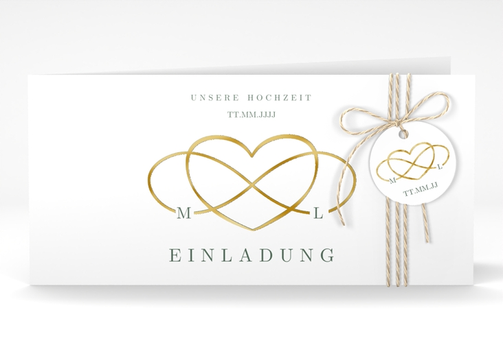 Hochzeitseinladung Infinity lange Klappkarte quer gruen gold