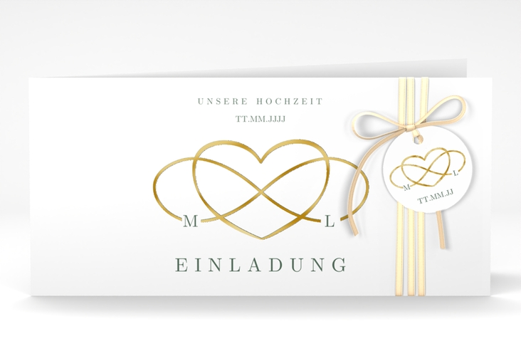 Hochzeitseinladung Infinity lange Klappkarte quer gruen gold