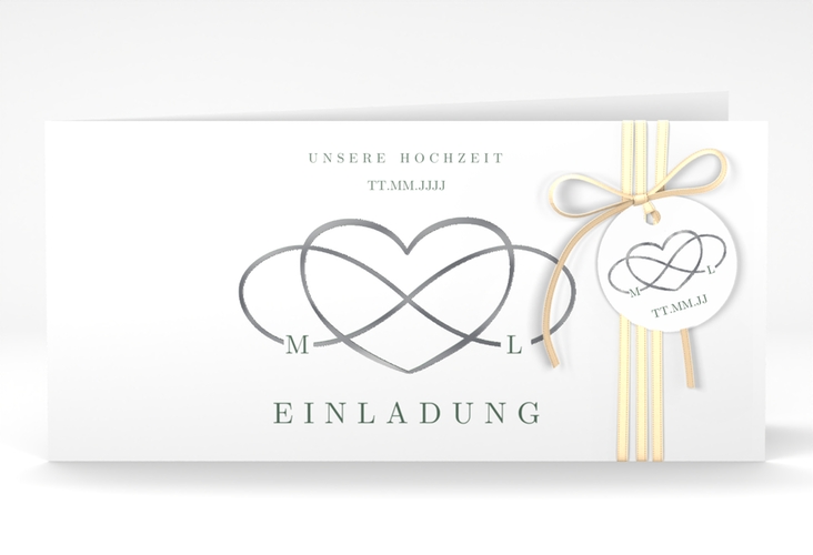 Hochzeitseinladung Infinity lange Klappkarte quer gruen silber