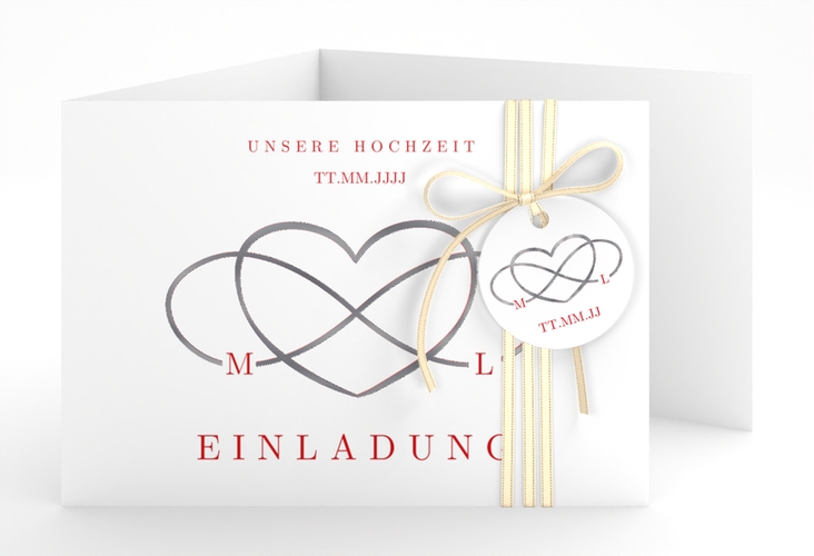 Hochzeitseinladung Infinity A6 Doppel-Klappkarte rot silber