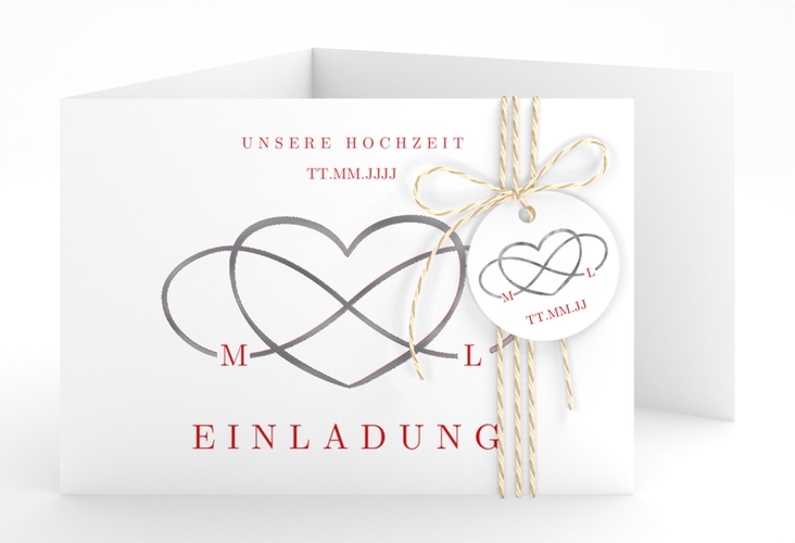 Hochzeitseinladung Infinity A6 Doppel-Klappkarte rot silber