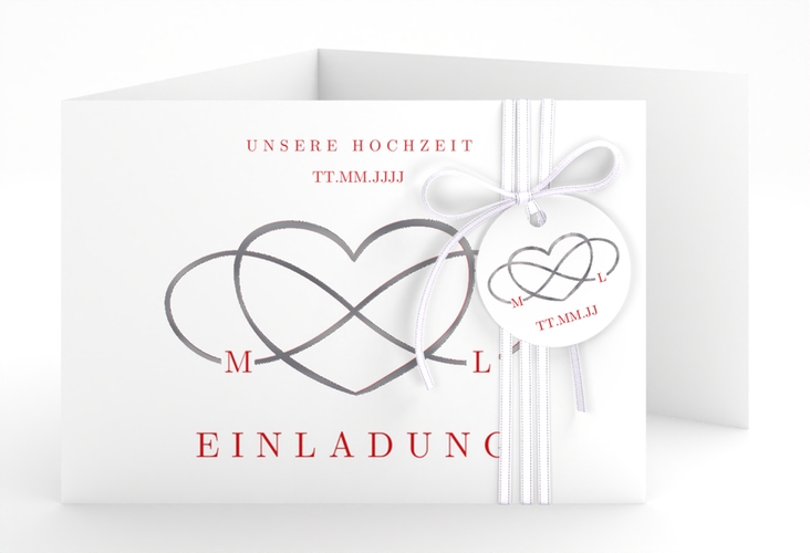 Hochzeitseinladung Infinity A6 Doppel-Klappkarte rot silber