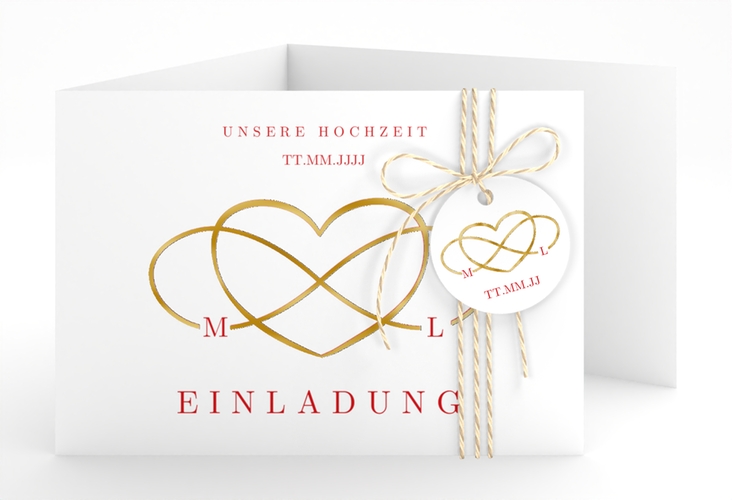 Hochzeitseinladung Infinity A6 Doppel-Klappkarte rot gold