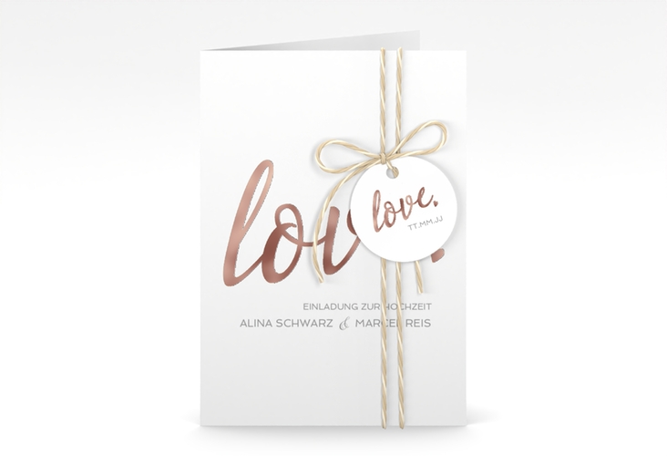 Einladungskarte Hochzeit Glam A6 Klappkarte hoch weiss rosegold