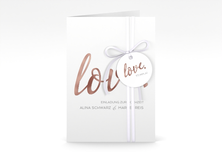 Einladungskarte Hochzeit Glam A6 Klappkarte hoch weiss rosegold