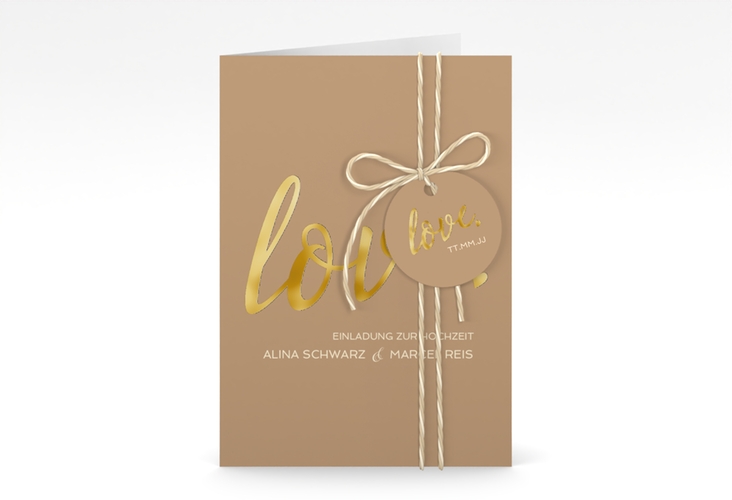 Einladungskarte Hochzeit Glam A6 Klappkarte hoch beige gold
