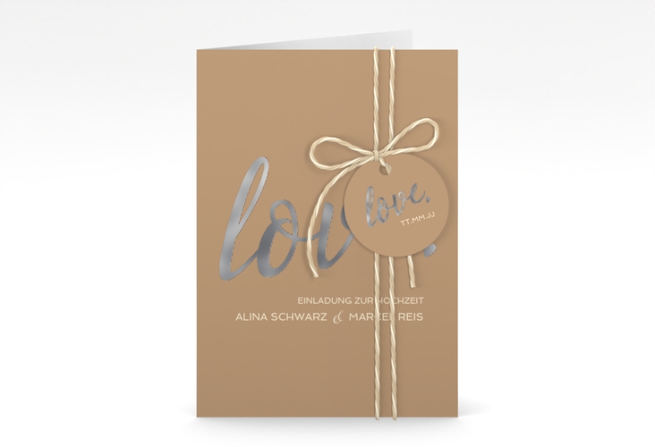 Einladungskarte Hochzeit Glam A6 Klappkarte hoch beige silber