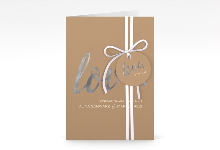 Einladungskarte Hochzeit Glam A6 Klappkarte hoch beige silber