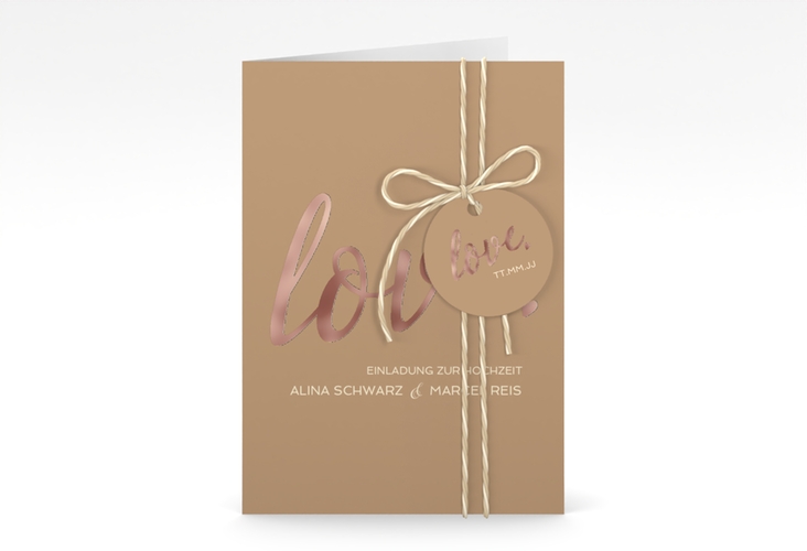 Einladungskarte Hochzeit Glam A6 Klappkarte hoch beige rosegold
