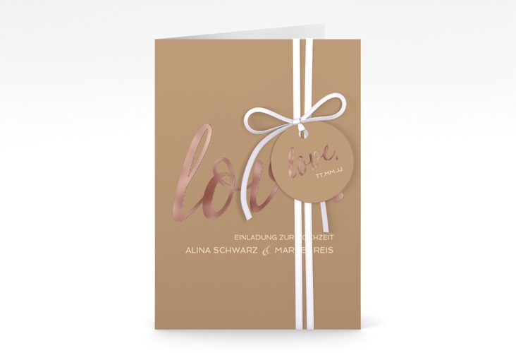 Einladungskarte Hochzeit Glam A6 Klappkarte hoch beige rosegold