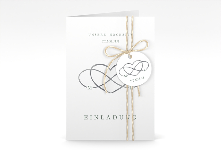 Einladungskarte Hochzeit Infinity A6 Klappkarte hoch gruen silber