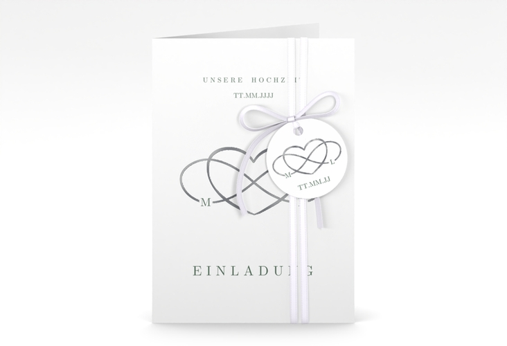 Einladungskarte Hochzeit Infinity A6 Klappkarte hoch gruen silber