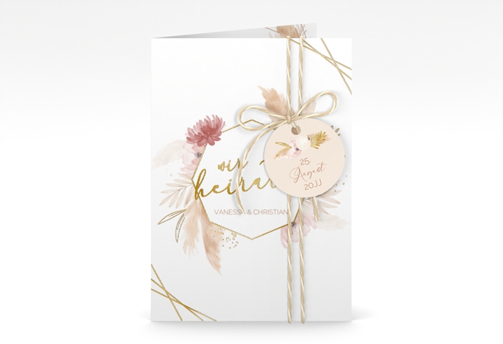 Einladungskarte Hochzeit Bohostyle A6 Klappkarte hoch beige gold mit Pampasgras in Aquarell