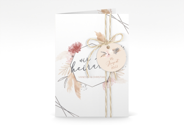 Einladungskarte Hochzeit Bohostyle A6 Klappkarte hoch beige silber mit Pampasgras in Aquarell