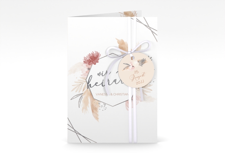 Einladungskarte Hochzeit Bohostyle A6 Klappkarte hoch beige silber mit Pampasgras in Aquarell
