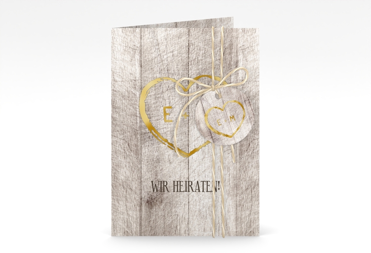 Einladungskarte Hochzeit Wood A6 Klappkarte hoch weiss gold