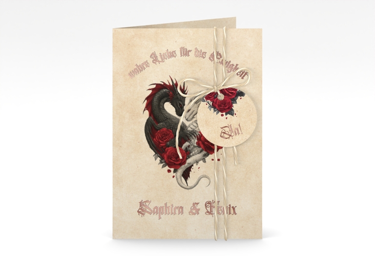 Einladungskarte Hochzeit Drachenliebe A6 Klappkarte hoch beige rosegold mit schwarzem und weißem Drachen zu einem Herz verschlungen