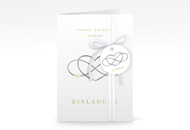 Einladungskarte Hochzeit Infinity A6 Klappkarte hoch gruen silber