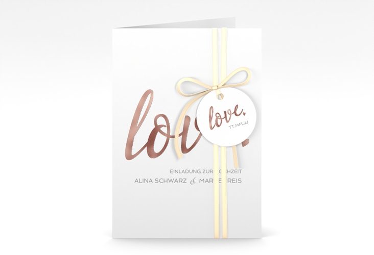 Einladungskarte Hochzeit Glam A6 Klappkarte hoch weiss rosegold