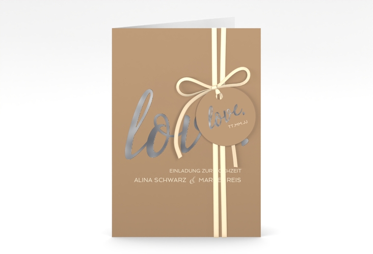 Einladungskarte Hochzeit Glam A6 Klappkarte hoch beige silber