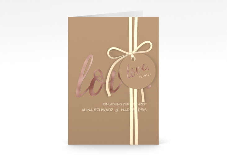 Einladungskarte Hochzeit Glam A6 Klappkarte hoch beige rosegold