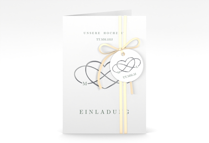 Einladungskarte Hochzeit Infinity A6 Klappkarte hoch gruen silber