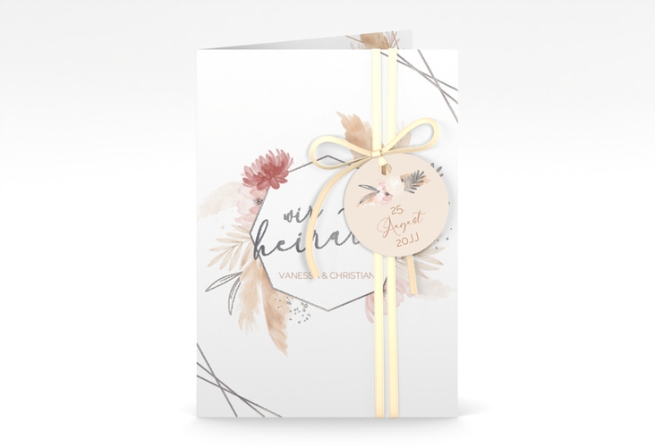 Einladungskarte Hochzeit Bohostyle A6 Klappkarte hoch beige silber mit Pampasgras in Aquarell