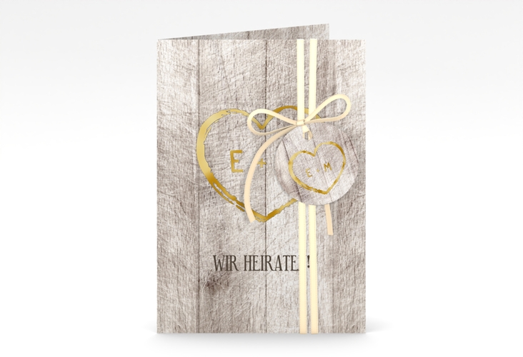 Einladungskarte Hochzeit Wood A6 Klappkarte hoch weiss gold